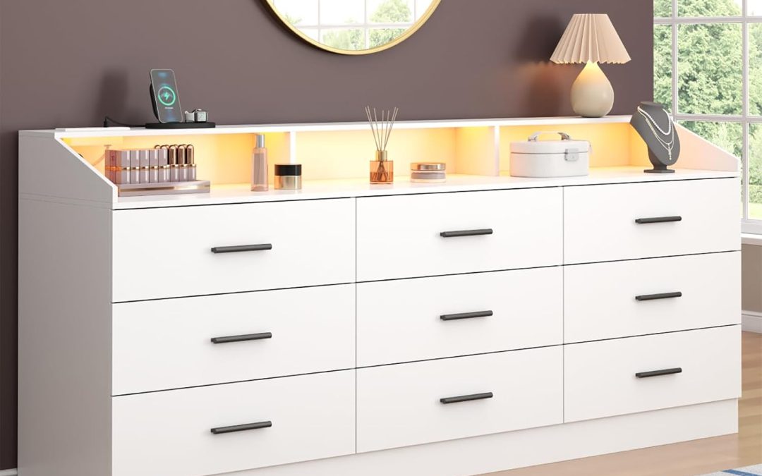 Illuminate Your Space: The Stylish 9-Drawer Dresser with LED Light & Power Outlet